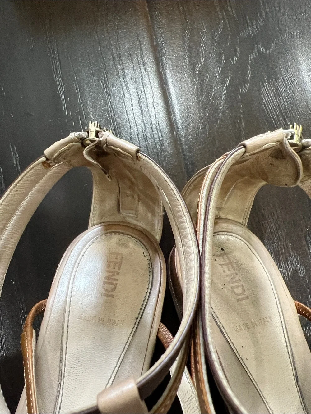 Fendi Gladiator Sandals with Wood Logo, size 39